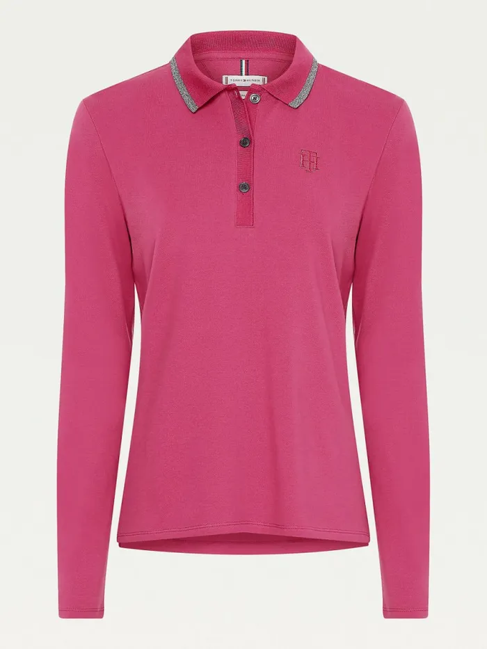 Tommy Hilfiger Long Sleeve Metallic Trim Polo Crimson Ruby Womens Polo Shirts Gift Ideas
