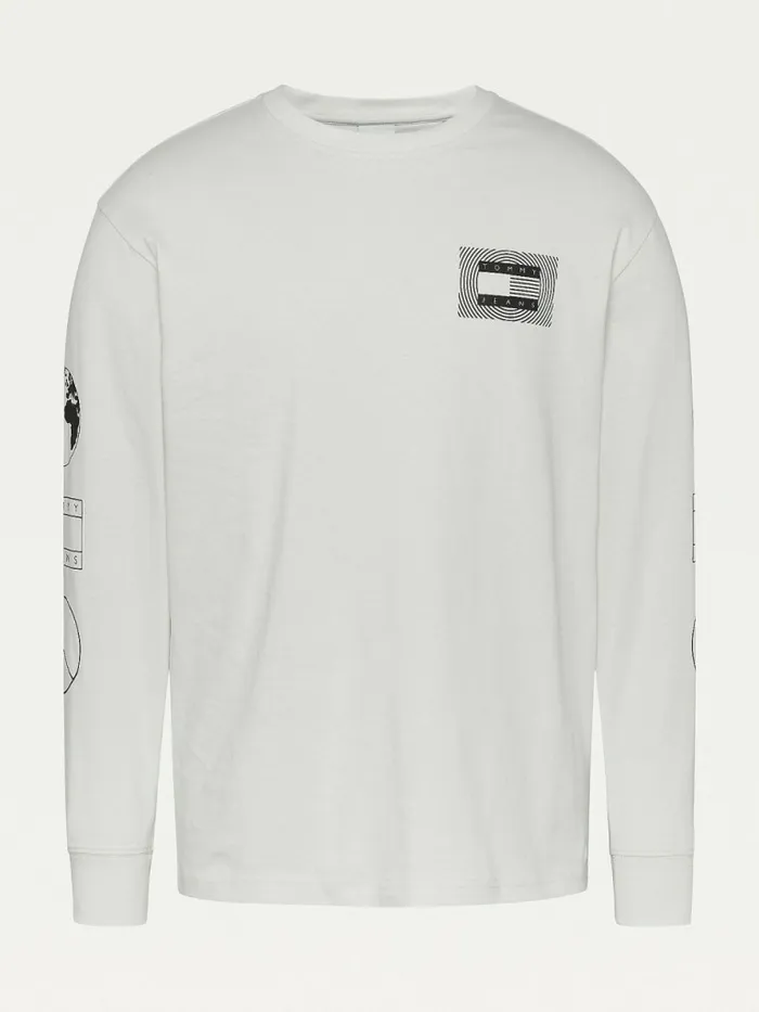 Tommy Hilfiger Long Sleeve Recycled Cotton TShirt Ivory Mens TShirts On Sale