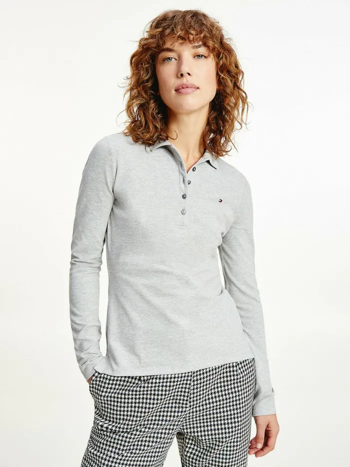 Tommy Hilfiger Long Sleeve Slim Fit Polo Heather Light Grey Womens Polo Shirts Online Tommy Hilfiger Long Sleeve Slim Fit Polo Heather Light Grey Womens Polo Shirts Online