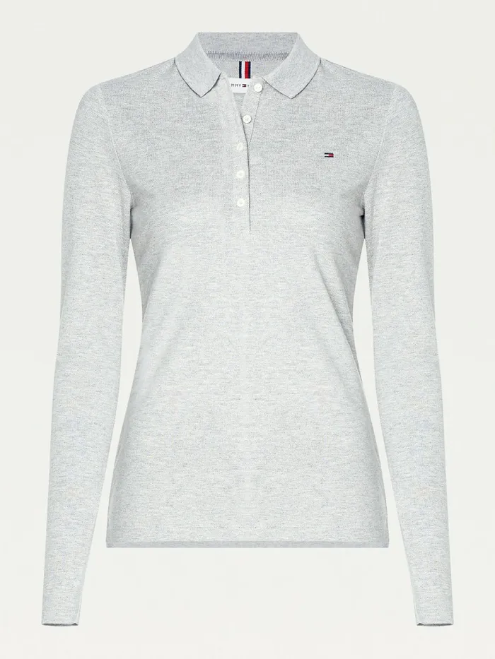 Tommy Hilfiger Long Sleeve Slim Fit Polo Heather Light Grey Womens Polo Shirts Online