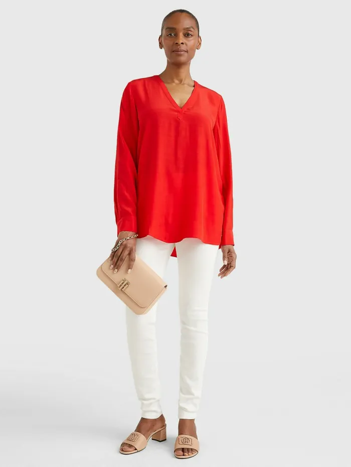 Tommy Hilfiger Long Sleeve VNeck Relaxed Fit Blouse Fireworks Womens Shirts and Blouses Gift for Friend