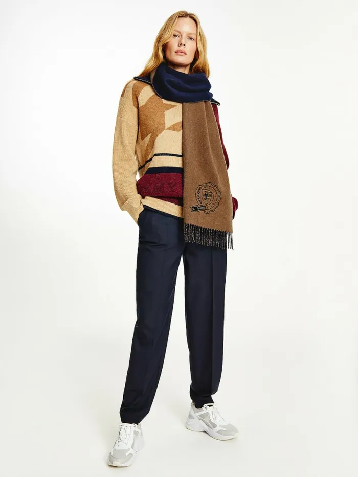 Tommy Hilfiger Lux Cashmere Wool Crest Scarf Camel Mix Womens Hats and Scarves Online