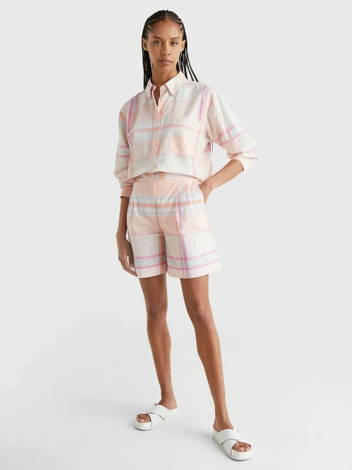 Tommy Hilfiger Madras Check Relaxed Fit Shorts Lg MardrasSunset Peach Womens Shorts Casaul