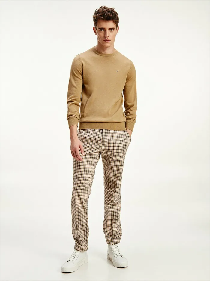 Tommy Hilfiger Merino Wool Crew Neck Jumper Camel Mens Knitwear Sale