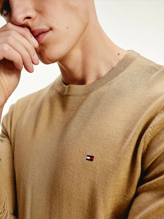 Tommy Hilfiger Merino Wool Crew Neck Jumper Camel Mens Knitwear Sale