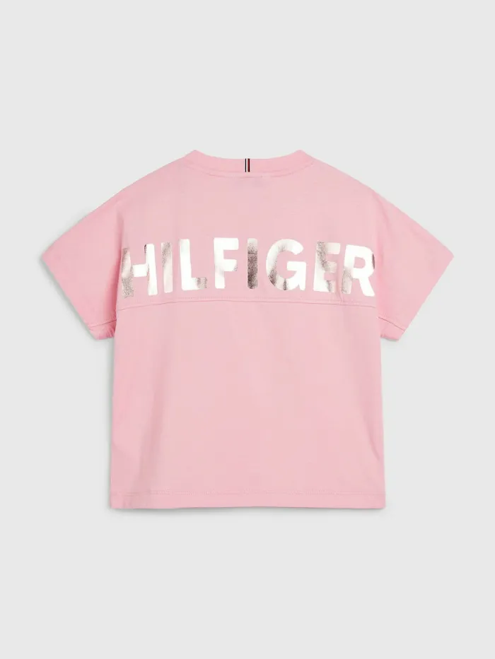 Tommy Hilfiger Metallic Logo Organic Cotton TShirt Fresh Pink Girls Tops and TShirts Casaul