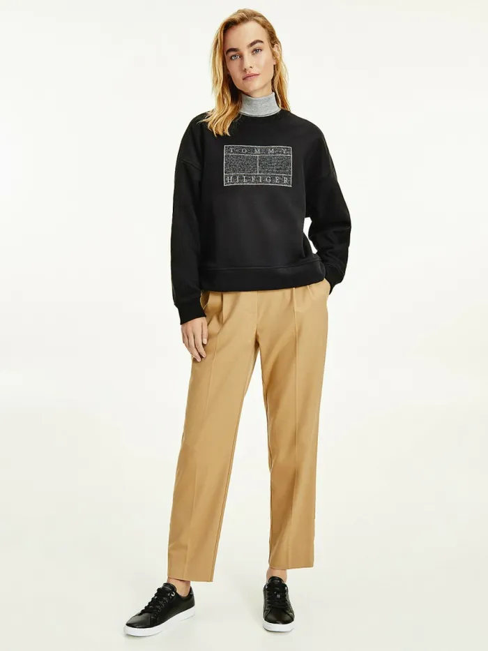 Tommy Hilfiger Metallic Logo Relaxed Crew Neck Sweatshirt Black Womens Sweatshirts and Hoodies On Sale Tommy Hilfiger Metallic Logo Relaxed Crew Neck Sweatshirt Black Womens Sweatshirts and Hoodies On Sale