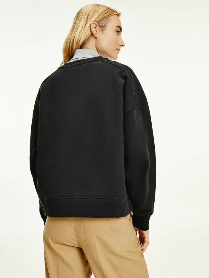 Tommy Hilfiger Metallic Logo Relaxed Crew Neck Sweatshirt Black Womens Sweatshirts and Hoodies On Sale
