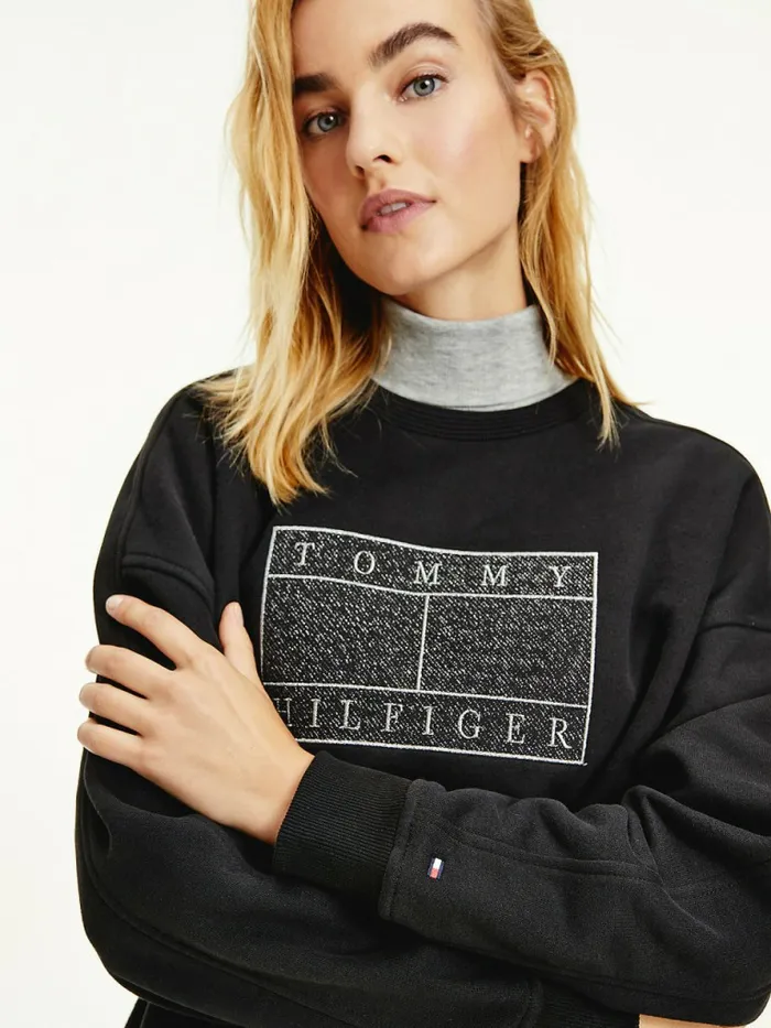 Tommy Hilfiger Metallic Logo Relaxed Crew Neck Sweatshirt Black Womens Sweatshirts and Hoodies On Sale