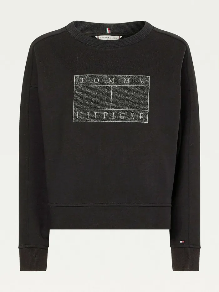 Tommy Hilfiger Metallic Logo Relaxed Crew Neck Sweatshirt Black Womens Sweatshirts and Hoodies On Sale