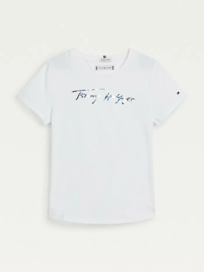 Tommy Hilfiger Metallic Signature Logo TShirt White Girls Tops and TShirts Online Tommy Hilfiger Metallic Signature Logo TShirt White Girls Tops and TShirts Online