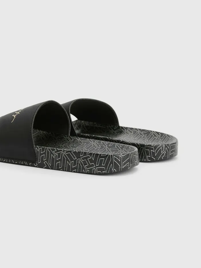 Tommy Hilfiger Metallic Signature Pool Slides Black Womens Sandals Gift Ideas