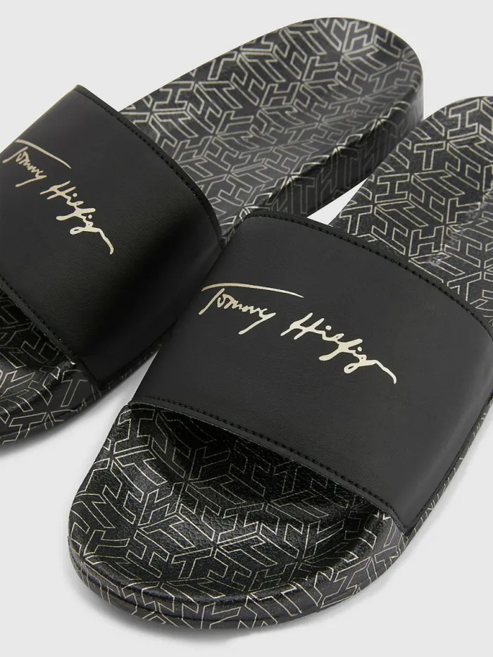 Tommy Hilfiger Metallic Signature Pool Slides Black Womens Sandals Gift Ideas