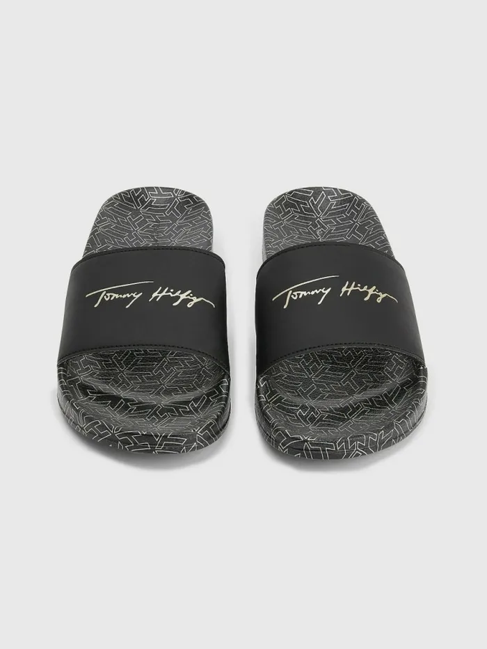 Tommy Hilfiger Metallic Signature Pool Slides Black Womens Sandals Gift Ideas