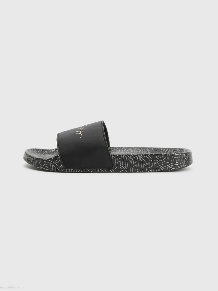Tommy Hilfiger Metallic Signature Pool Slides Black Womens Sandals Gift Ideas