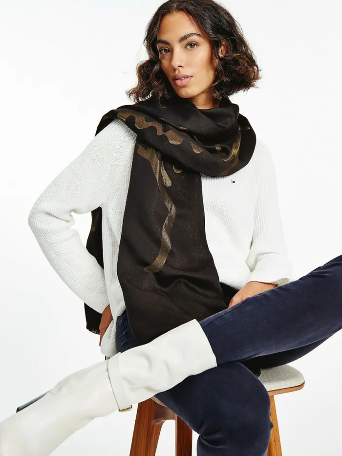 Tommy Hilfiger Metallic Signature Scarf Black Womens Hats and Scarves Online
