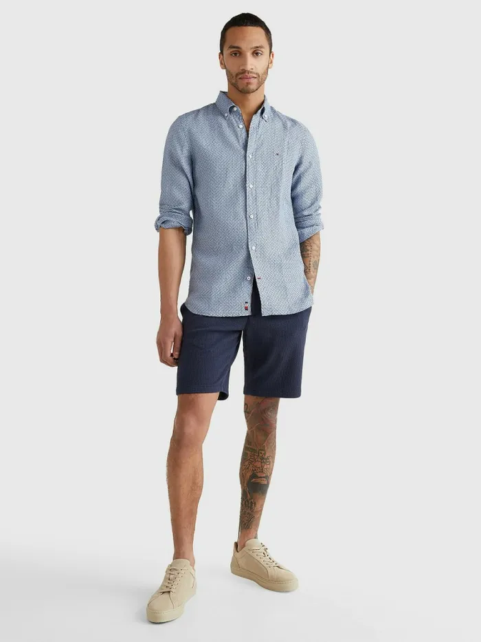 Tommy Hilfiger Micro Print Linen Shirt Daybreak BlueNight Blue Mens Shirts Near Me