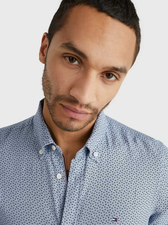 Tommy Hilfiger Micro Print Linen Shirt Daybreak BlueNight Blue Mens Shirts Near Me