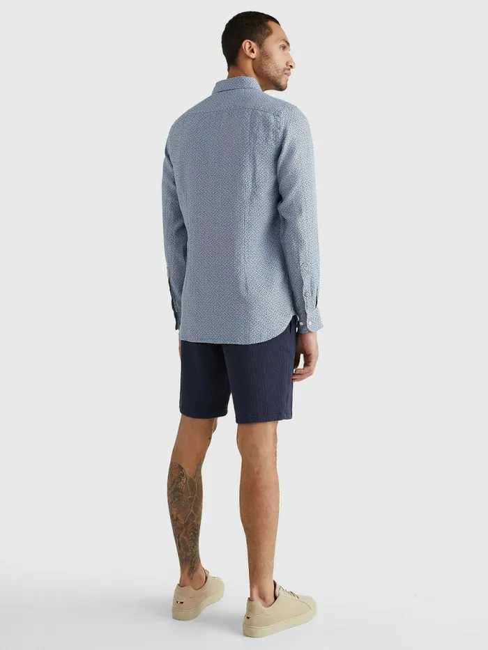 Tommy Hilfiger Micro Print Linen Shirt Daybreak BlueNight Blue Mens Shirts Near Me