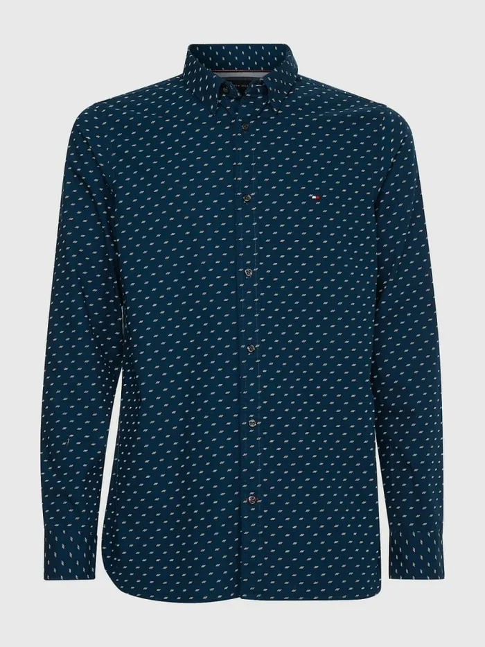 Tommy Hilfiger Micro Print Poplin Slim Fit Shirt Dark LakesideOptic White Mens Shirts Fashion