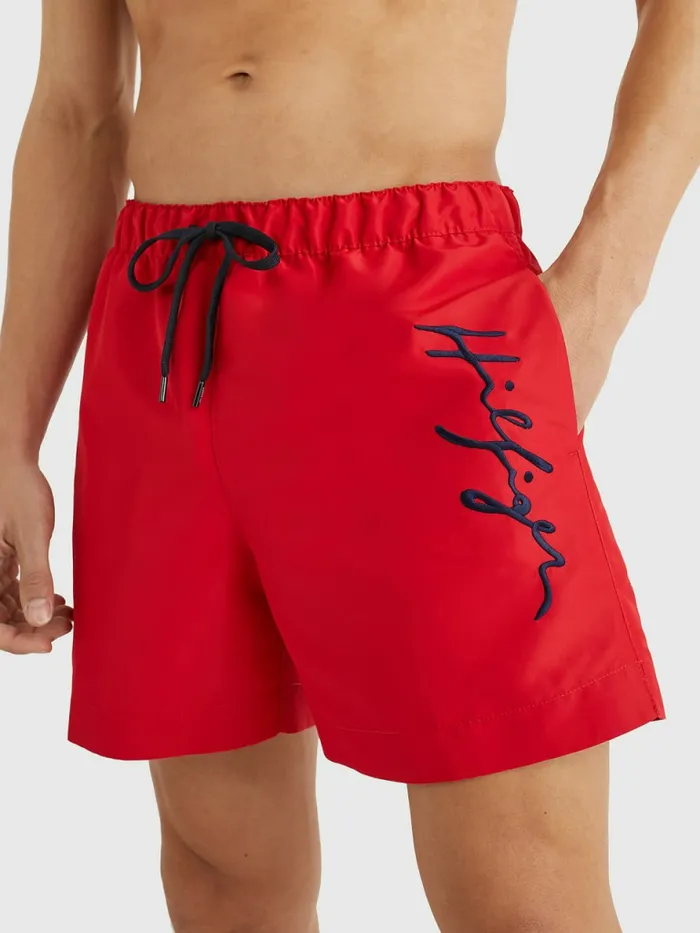 Tommy Hilfiger Mid Length Signature Logo Swim Shorts Primary Red Mens Swimwear Gift Ideas Tommy Hilfiger Mid Length Signature Logo Swim Shorts Primary Red Mens Swimwear Gift Ideas
