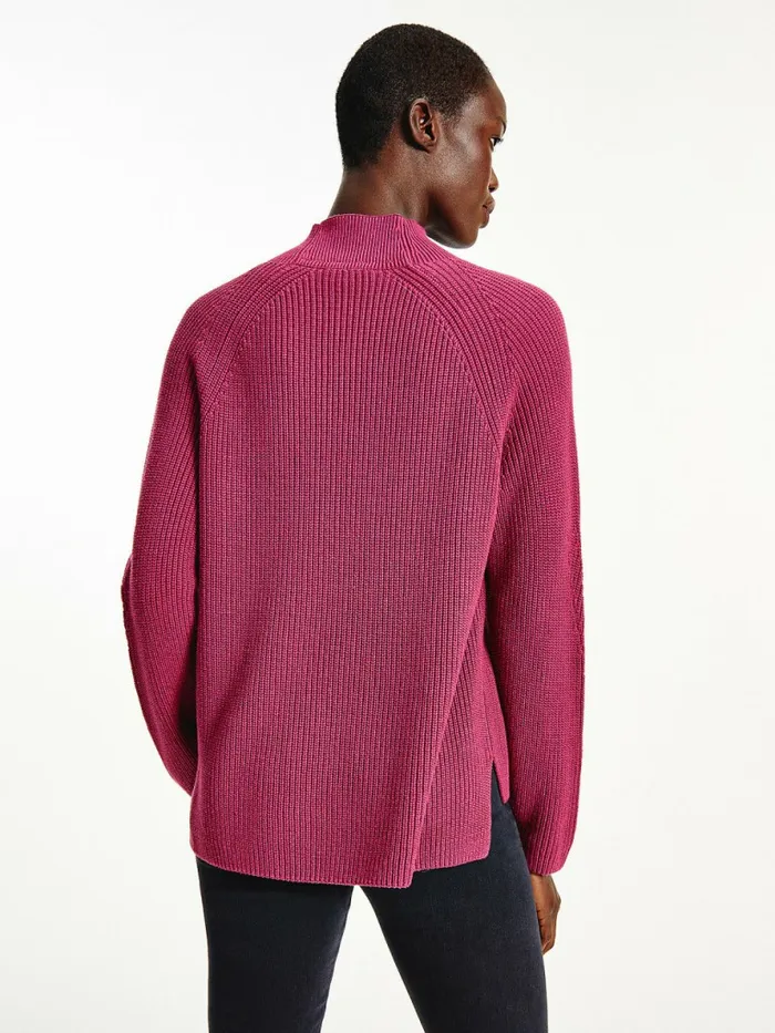 Tommy Hilfiger Mock Turtleneck Organic Cotton Knit Jumper Crimson Ruby Womens Knitwear Casaul