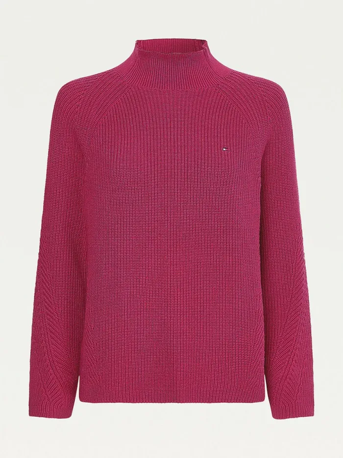 Tommy Hilfiger Mock Turtleneck Organic Cotton Knit Jumper Crimson Ruby Womens Knitwear Casaul