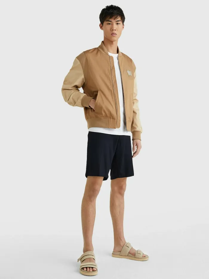 Tommy Hilfiger Modern ColourBlocked Varsity Jacket Basket Brown Mens Coats and Jackets Popular