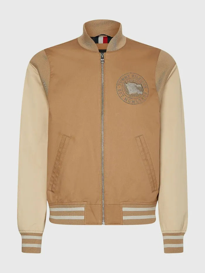 Tommy Hilfiger Modern ColourBlocked Varsity Jacket Basket Brown Mens Coats and Jackets Popular