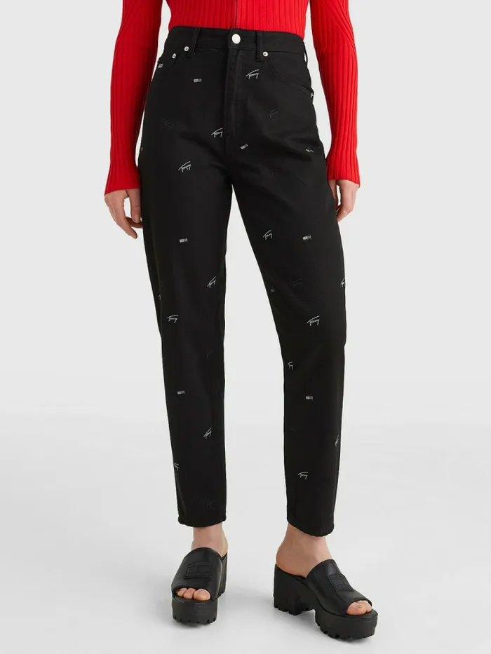 Tommy Hilfiger Mom Ultra High Rise Tapered Embroidery Jeans Denim Black Womens Jeans Gift for Friend Tommy Hilfiger Mom Ultra High Rise Tapered Embroidery Jeans Denim Black Womens Jeans Gift for Friend