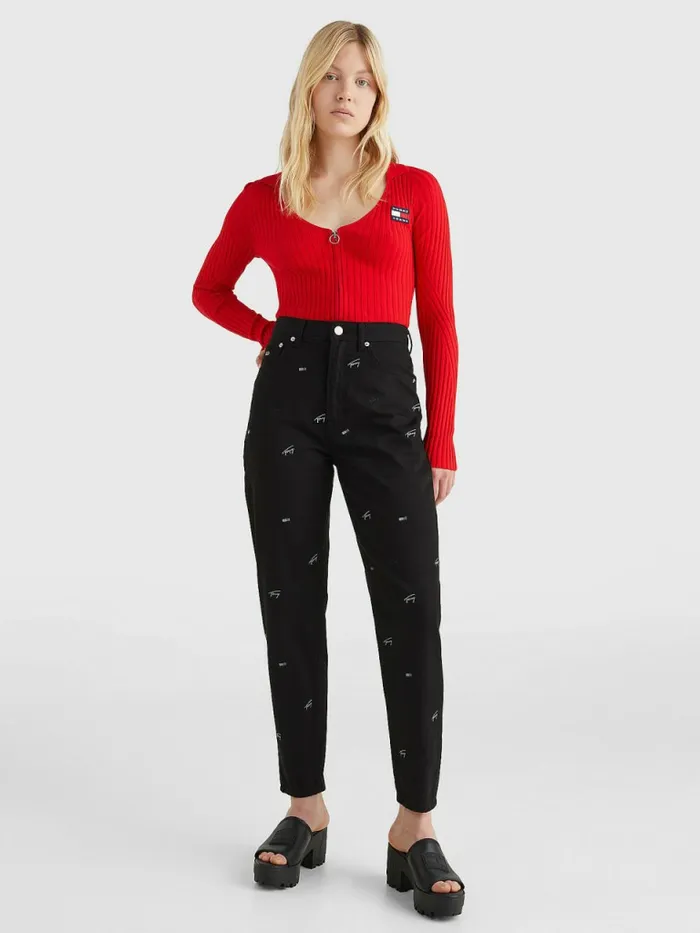 Tommy Hilfiger Mom Ultra High Rise Tapered Embroidery Jeans Denim Black Womens Jeans Gift for Friend