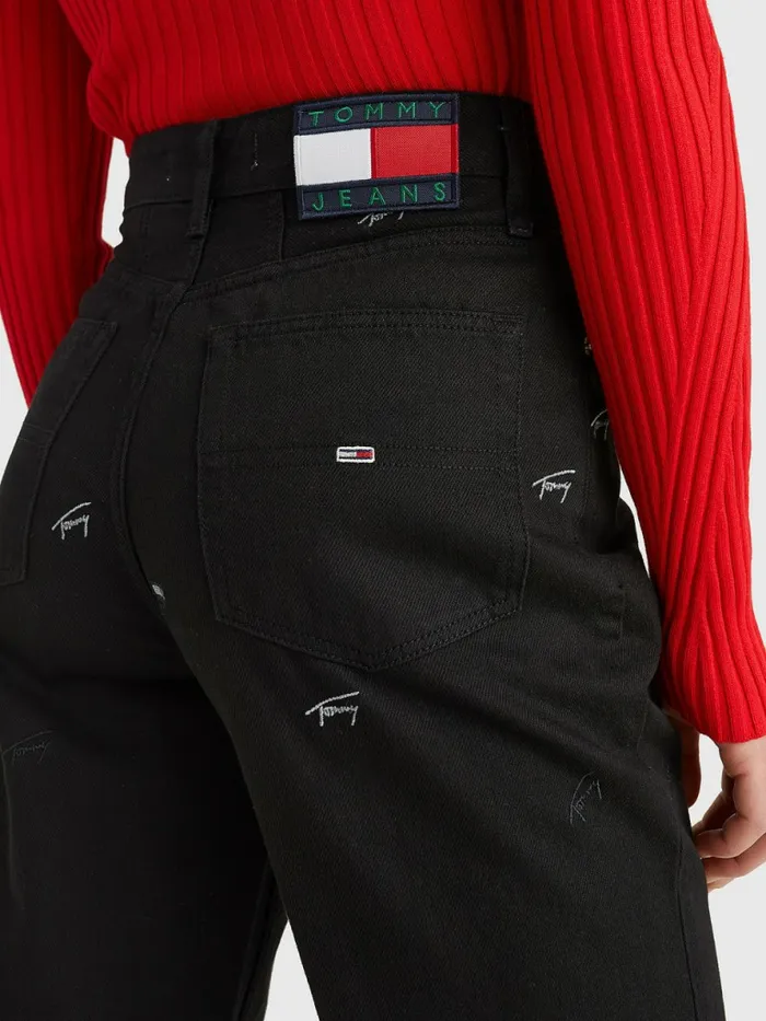 Tommy Hilfiger Mom Ultra High Rise Tapered Embroidery Jeans Denim Black Womens Jeans Gift for Friend