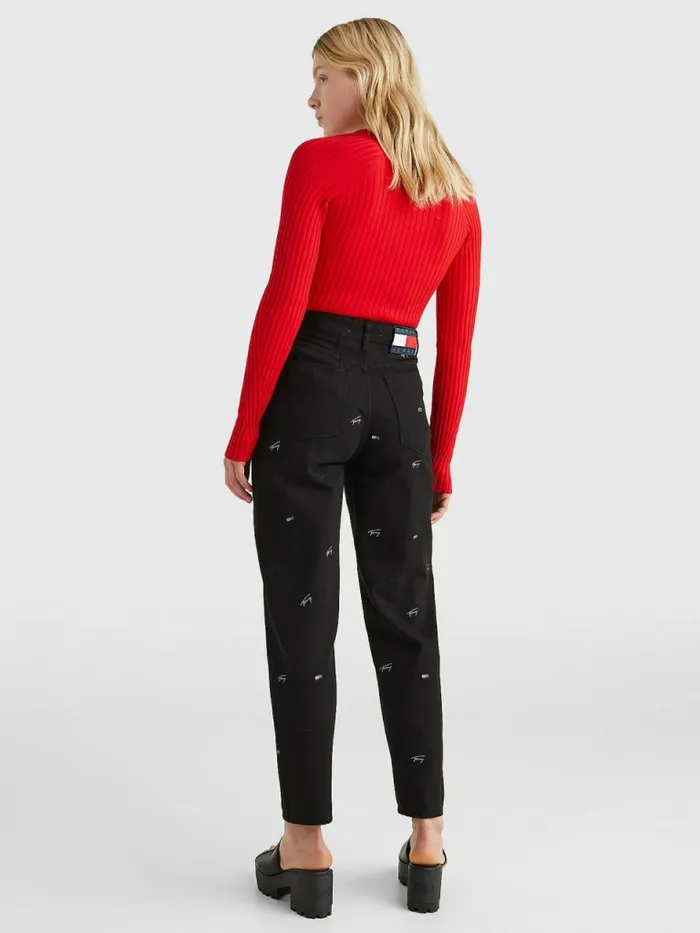 Tommy Hilfiger Mom Ultra High Rise Tapered Embroidery Jeans Denim Black Womens Jeans Gift for Friend