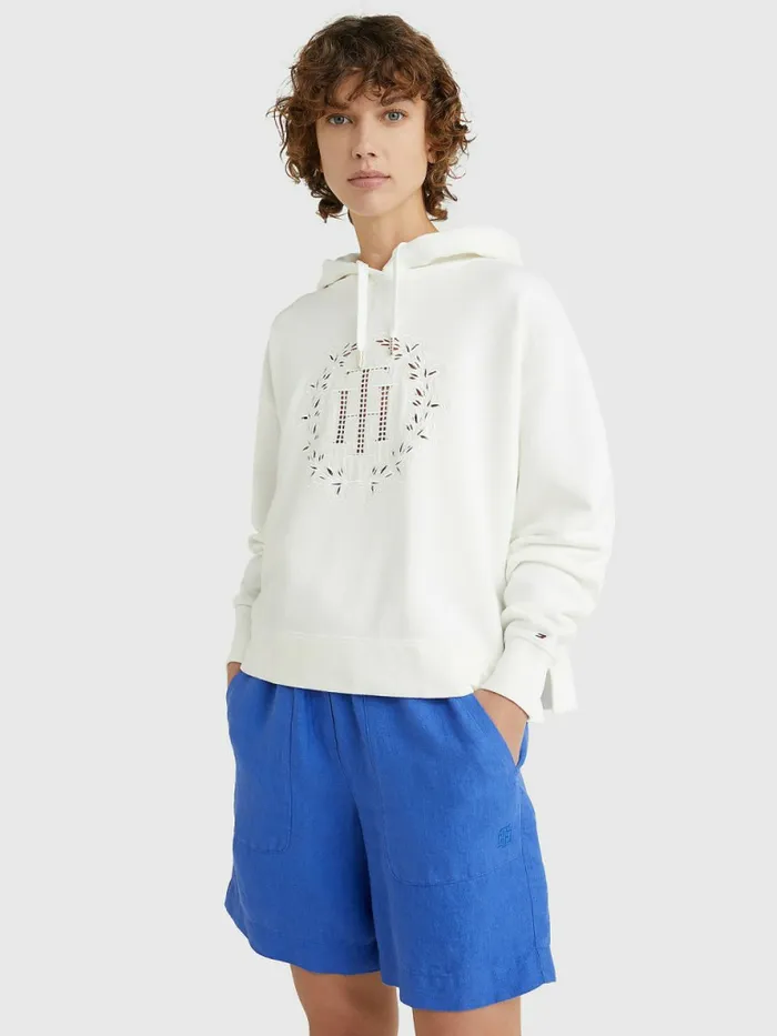 Tommy Hilfiger Monogram Appliqu Relaxed Fit Hoody Ecru Womens Sweatshirts and Hoodies For Sale Tommy Hilfiger Monogram Appliqu Relaxed Fit Hoody Ecru Womens Sweatshirts and Hoodies For Sale