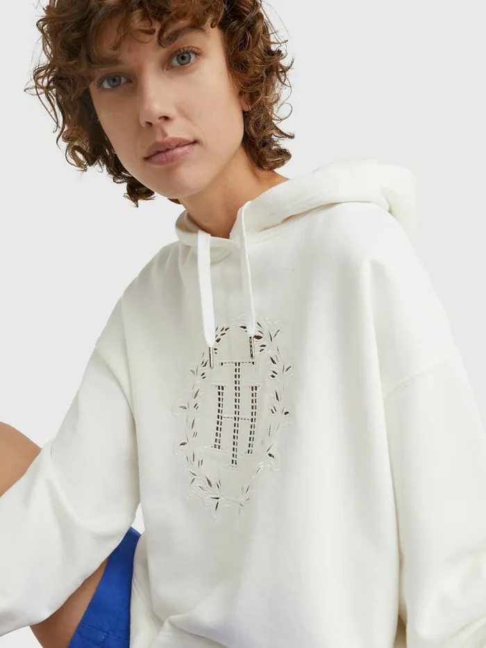Tommy Hilfiger Monogram Appliqu Relaxed Fit Hoody Ecru Womens Sweatshirts and Hoodies For Sale
