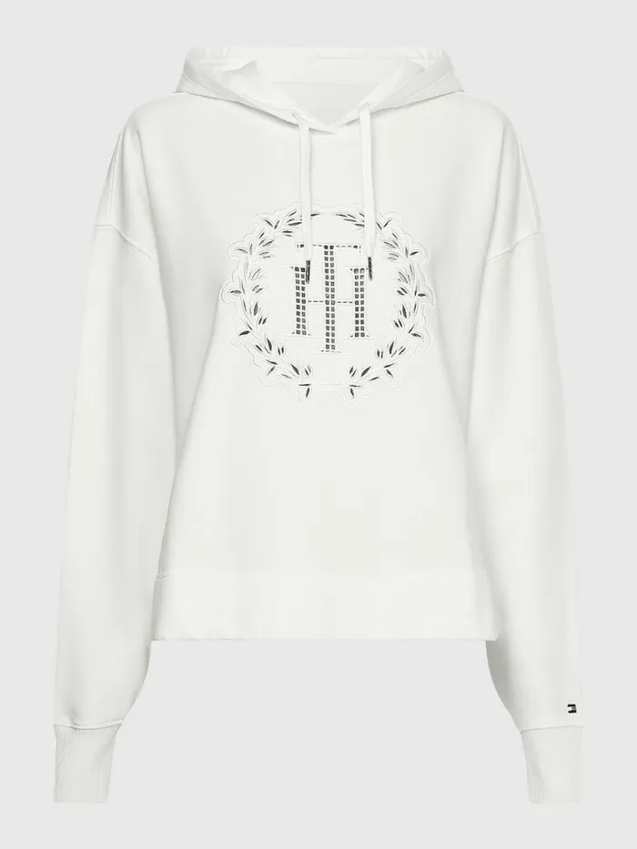 Tommy Hilfiger Monogram Appliqu Relaxed Fit Hoody Ecru Womens Sweatshirts and Hoodies For Sale