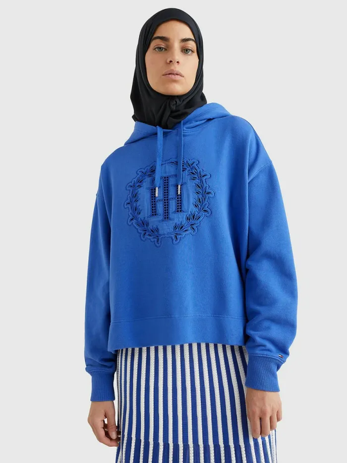 Tommy Hilfiger Monogram Appliqu Relaxed Fit Hoody Verona Blue Womens Sweatshirts and Hoodies Casaul Tommy Hilfiger Monogram Appliqu Relaxed Fit Hoody Verona Blue Womens Sweatshirts and Hoodies Casaul