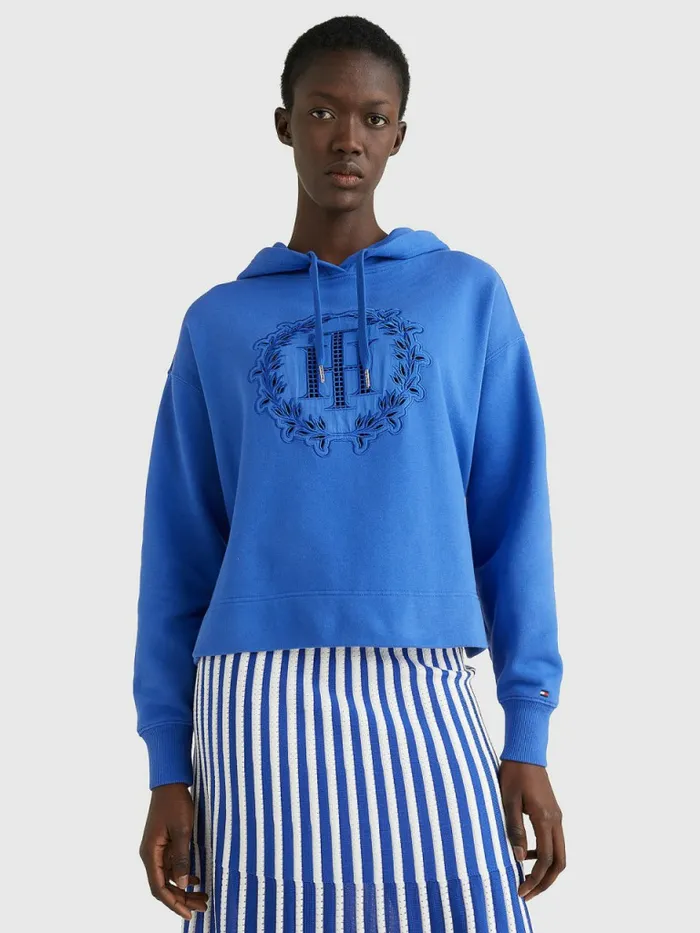 Tommy Hilfiger Monogram Appliqu Relaxed Fit Hoody Verona Blue Womens Sweatshirts and Hoodies Casaul