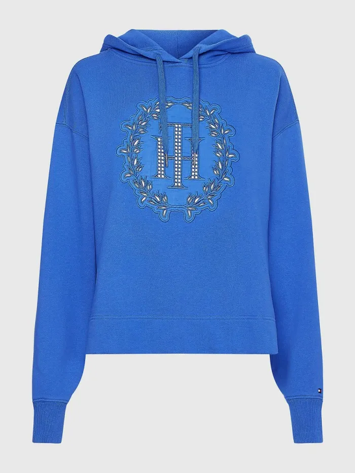 Tommy Hilfiger Monogram Appliqu Relaxed Fit Hoody Verona Blue Womens Sweatshirts and Hoodies Casaul