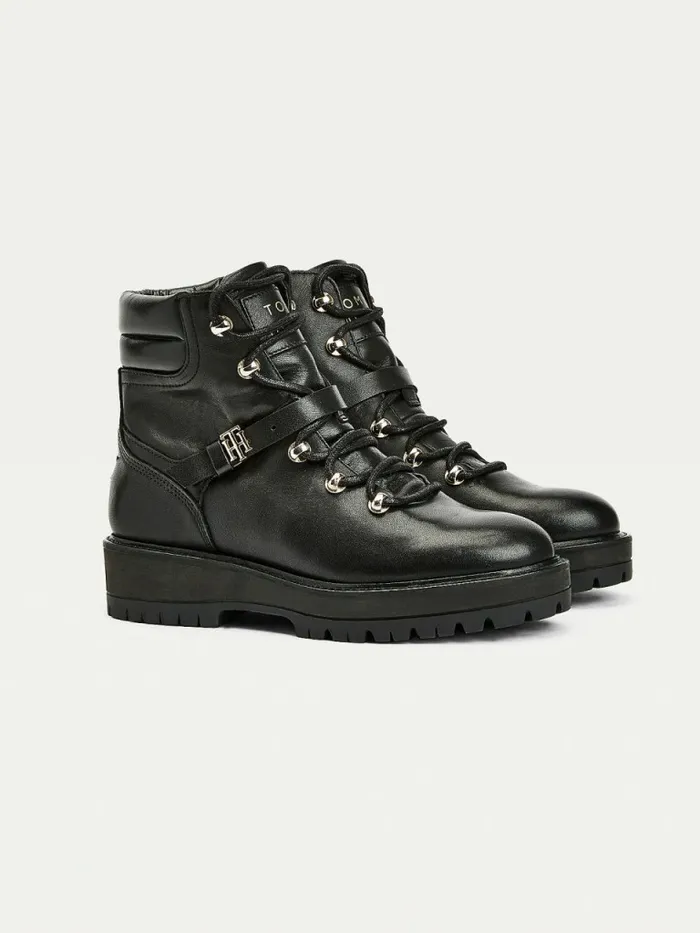 Tommy Hilfiger Monogram Buckle Cleat Ankle Boots Black Womens Boots On Sale