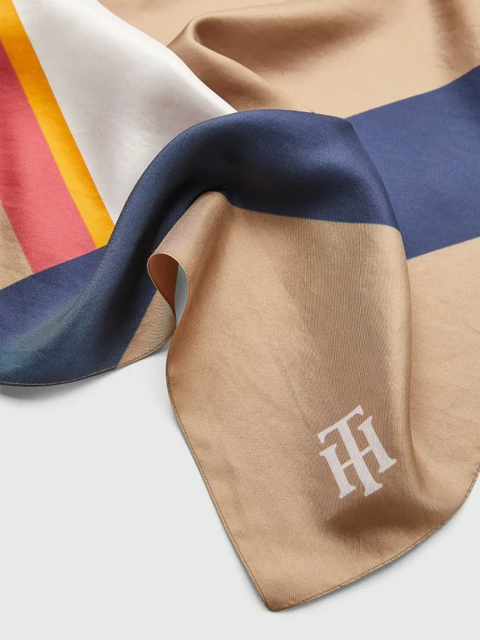 Tommy Hilfiger Monogram ColourBlocked Silk Bandana Beige Womens Hats and Scarves Popular