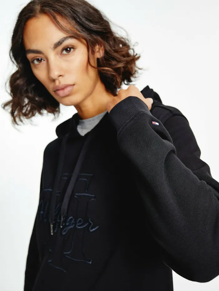 Tommy Hilfiger Monogram Embroidery Hoody Dress Black Womens Dresses and Jumpsuits Casaul