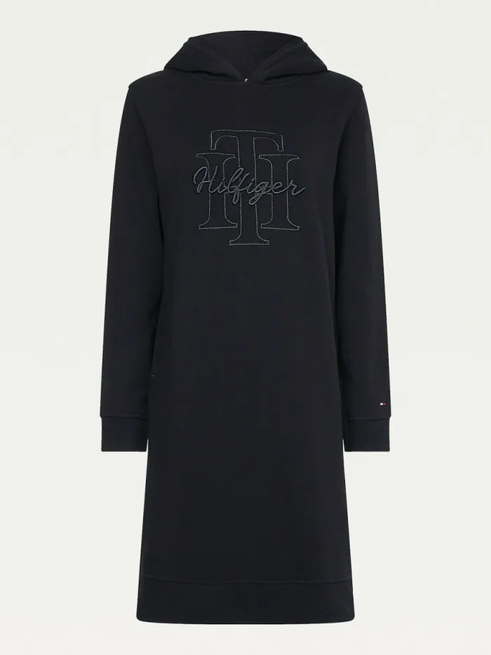 Tommy Hilfiger Monogram Embroidery Hoody Dress Black Womens Dresses and Jumpsuits Casaul
