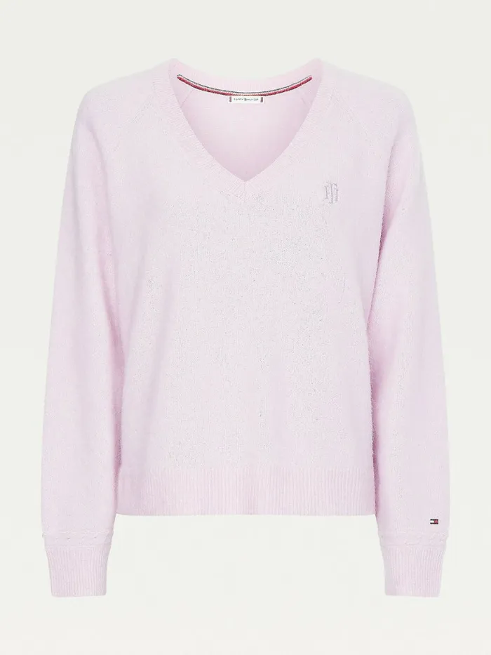 Tommy Hilfiger Monogram Embroidery Relaxed Fit VNeck Jumper Luminous Lilac Womens Knitwear Gift Ideas