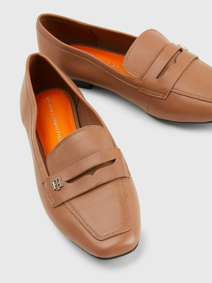 Tommy Hilfiger Monogram Leather Flat Loafers Summer Cognac Womens Flat Shoes Online