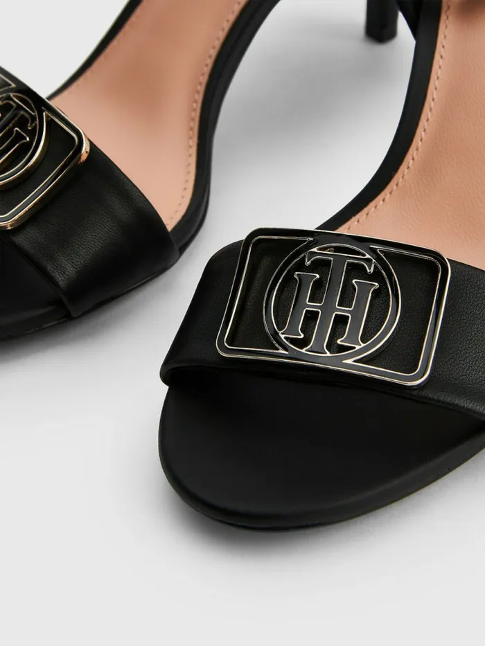 Tommy Hilfiger Monogram Leather Heeled Sandals Black Womens Sandals Gift Ideas