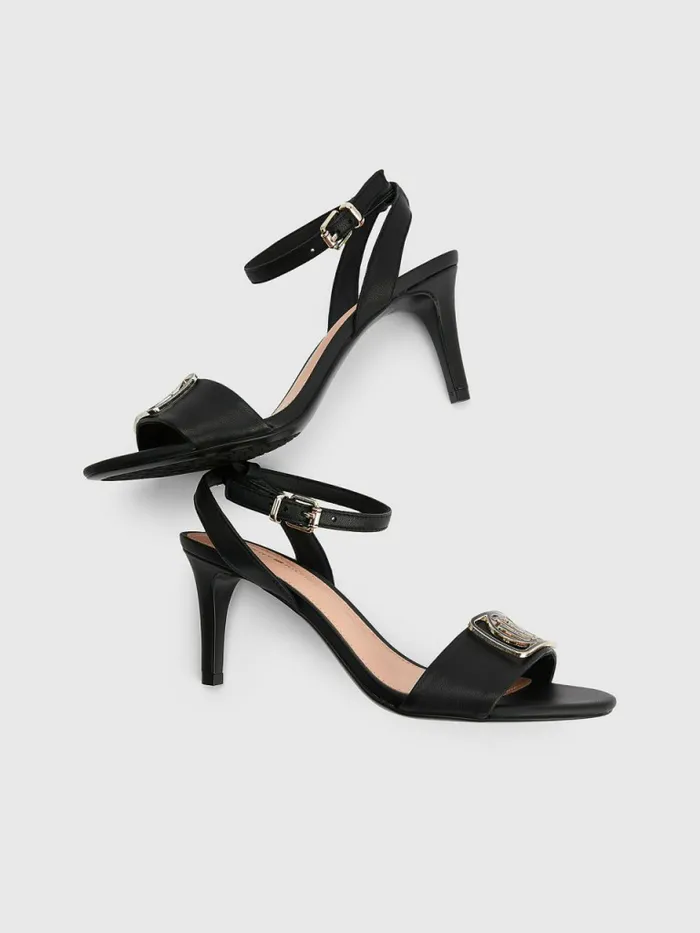Tommy Hilfiger Monogram Leather Heeled Sandals Black Womens Sandals Gift Ideas