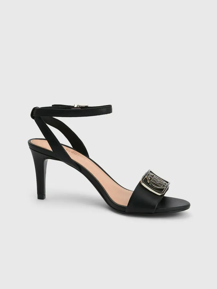 Tommy Hilfiger Monogram Leather Heeled Sandals Black Womens Sandals Gift Ideas