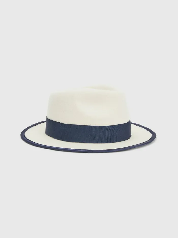 Tommy Hilfiger Monogram Wool Fedora Feather White Womens Hats and Scarves Casaul