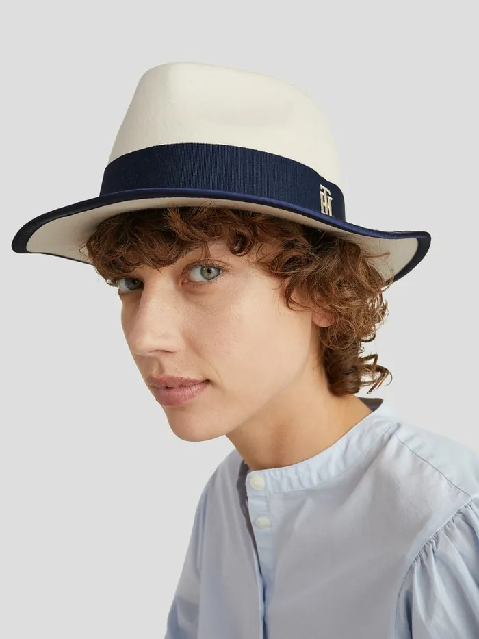 Tommy Hilfiger Monogram Wool Fedora Feather White Womens Hats and Scarves Casaul